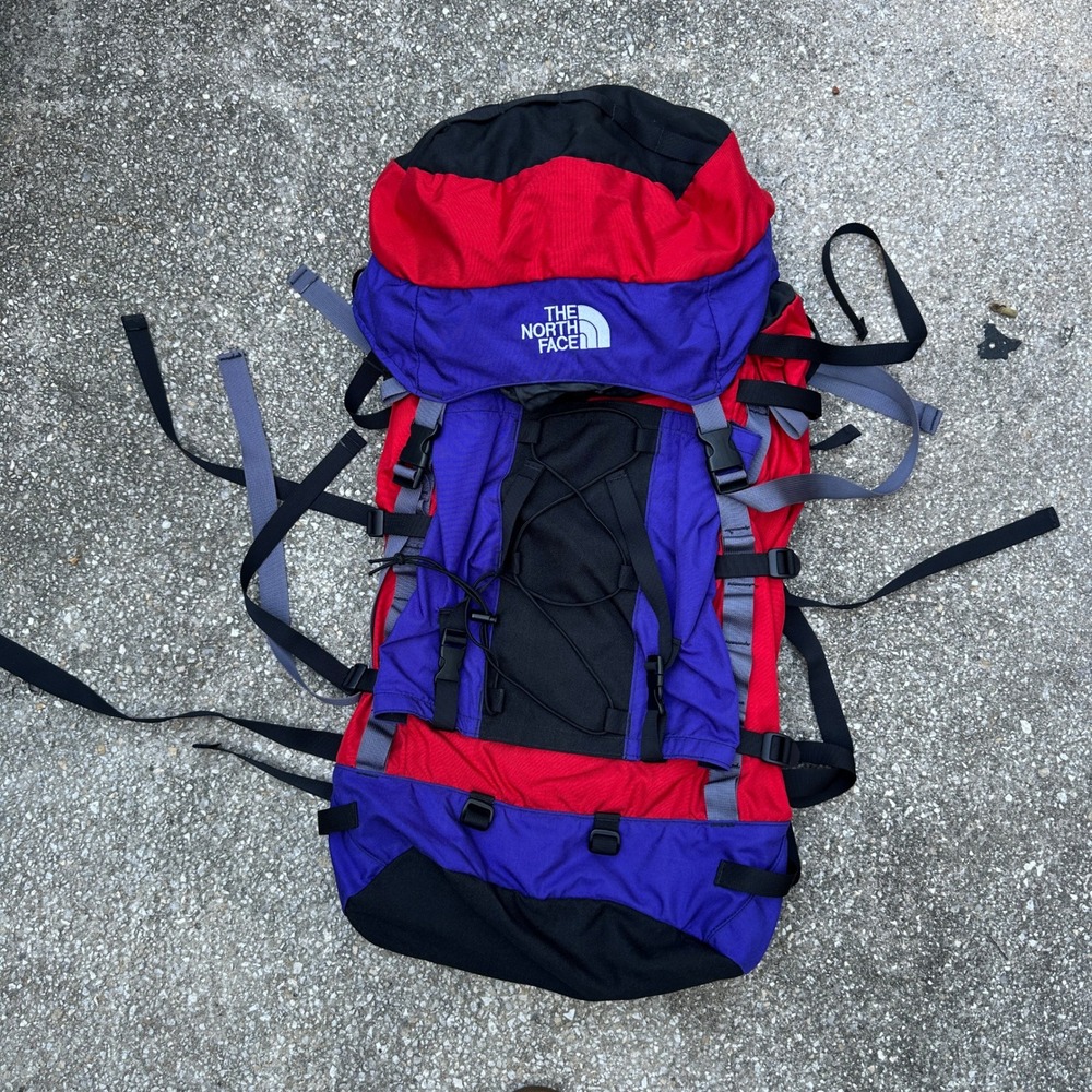The North Face Vintage 90s Internal Frame Hiking Backpack Red Blue Colorblock